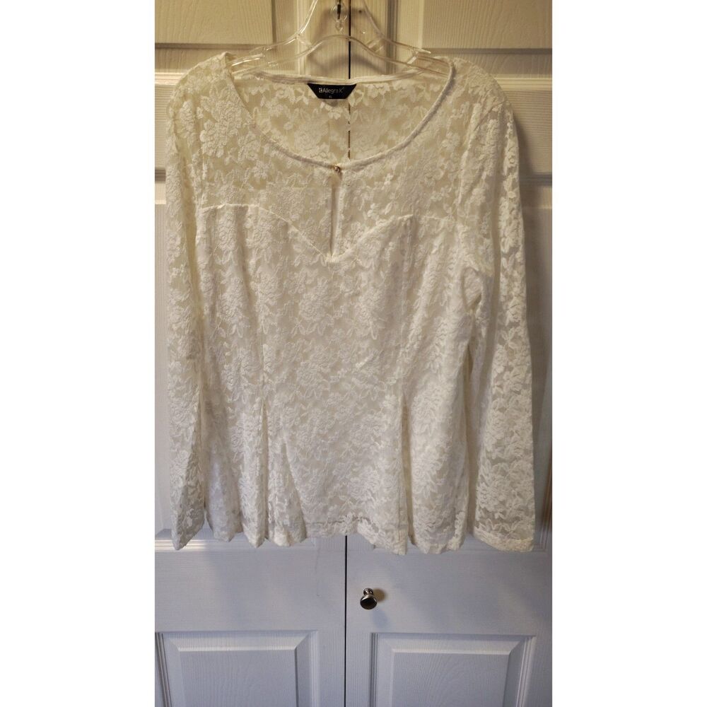 Allegra K Women's White Floral Lace Long Sleeve Peplum Blouse Top XL Elegant